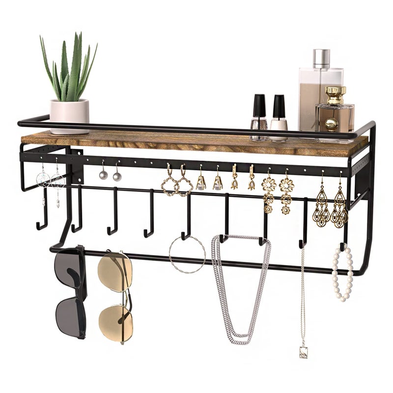 J JACKCUBE DESIGN JackCubeDesign Hanging Jewelry Organizer with 9 Hooks, Wall Mount Necklace Earring Bracelet Sunglass Holder with Torched Wood Shelf (Black Metal) - MK237C - Image 1